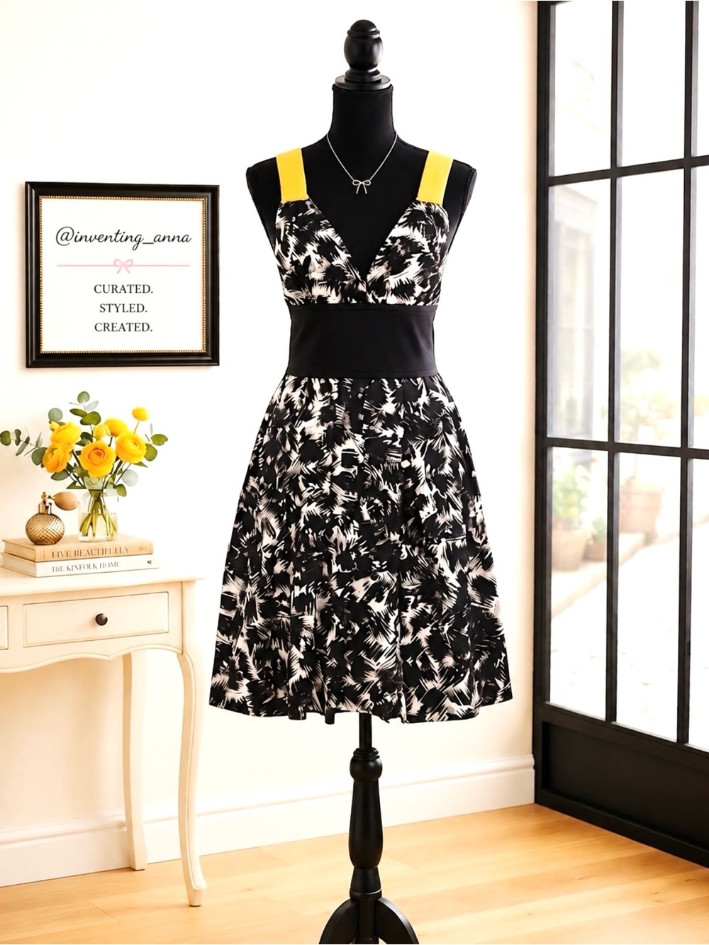 ROBERT RODRIQUEZ Black & White Abstract Print Pleated Midi Dress Mustard Straps